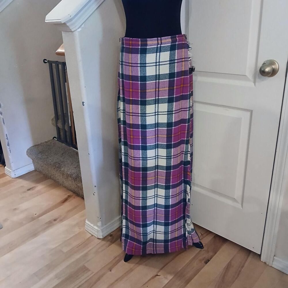 Vintage 70s Clan Laird Purple Plaid Wool Pleated Wrap Leather Buckle Kilt Skirt